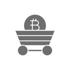 Miner trolley with bitcoin coin, blockchain, cryptocurrency grey icon.