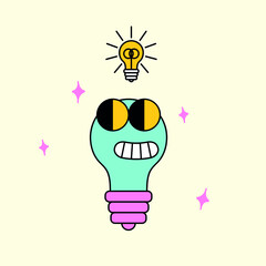 Cute happy smiling light bulb character having a great idea