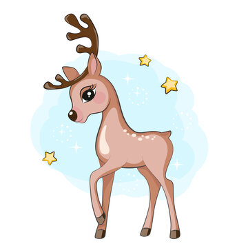 Cartoon cuie little reindeer greeting your in the winter woodland. Isolated. Beautiful picture for your design.  Christmas illustration for your design. 