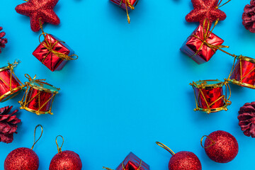 Christmas flat lay decoration on blue background. copy space for text.Christmas concept.
