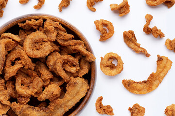 Fried crispy pork belly recipe on white background.