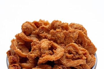 Fried crispy pork belly recipe on white background.