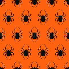 Orange background and black spiders. Seamless pattern or wallpaper. Vector.