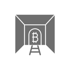 Bitcoin with tunnel mine, blockchain, cryptocurrency grey icon.