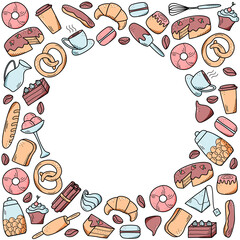Fototapeta premium Vector elements of sweet snacks and pastries, coffee dishes. Excellent for decorating cafes and menus. Doodle icon style.