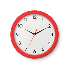 Vector 3d Realistic Red Wall Office Clock Isolated. White Dial. Design Template of Wall Clock Closeup. Mock-up for Branding, Advertise. Top, Front View