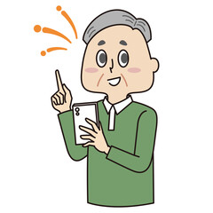 スマホを手に持って操作する笑顔なシニア男性