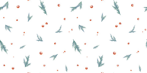 Watercolor hand drawn Christmas simple seamless pattern with spruce branches and red berries. New Year illustration elements isolated on white background.