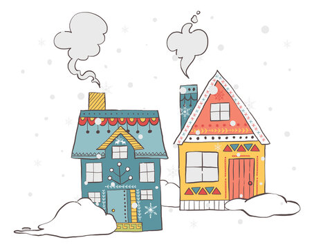Isolated hand drawn decorated buildings for New Year and Christmas. Holiday and celebration,winter architecture.