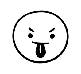 An angry face with a protruding tongue. Doodle emoji. Hand drawn illustration on white background.
