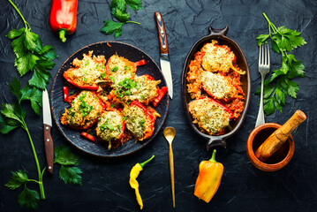 Roasted bell peppers stuffed with rice and meat