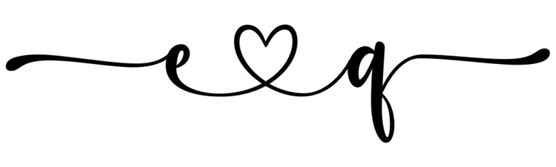 eq, qe, letters with heart Monogram, monogram wedding logo. Love icon, couples Initials, lower case, connecting HEART, home decor,