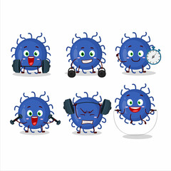 A healthy substance virus cartoon style trying some tools on Fitness center