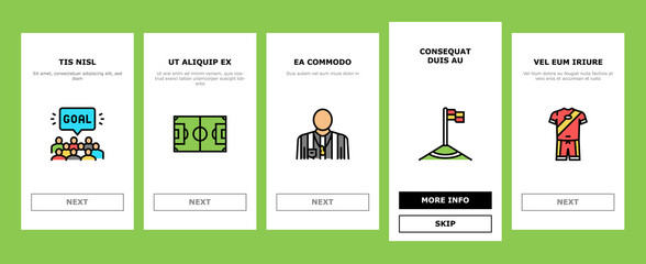 Soccer Team Sport Game On Stadium Onboarding Mobile App Page Screen Vector. Soccer Match Competition On Field And Sportive Strategy, Ball And Fan Attributes, Player And Arbitrator Illustrations