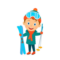 cute cartoon boy stand with skis