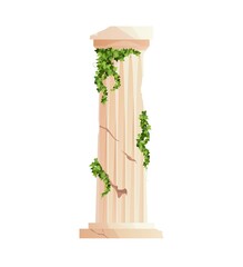 Ancient Greek column with ivy climbing branches. Roman pillar. Building design elements and decoration. Cartoon vector illustration.