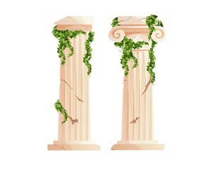 Ancient Greek column with ivy climbing branches. Roman pillar. Building design elements and decoration. Cartoon vector illustration.