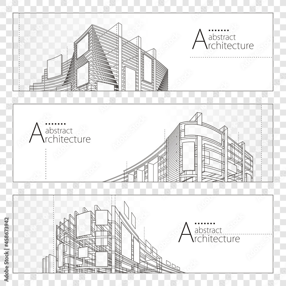 Poster 3d illustration linear drawing, imagination architecture urban building construction perspective des