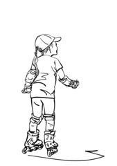 Sketch of girl learning to skate on rollers, Hand drawn vector linear illustration isolated on white background