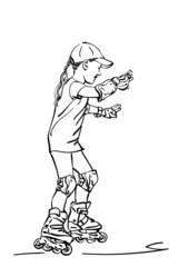 Sketch of girl learning to skate on rollers, Hand drawn vector linear illustration isolated on white background