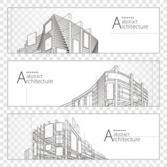 3D illustration linear drawing, Imagination Architecture urban building construction perspective design banner set.