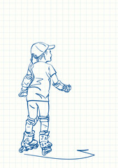 Girl learning to skate on rollers, Blue pen sketch on square grid notebook page, Hand drawn vector linear illustration