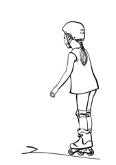 Sketch of little girl learning to skate on rollers, Hand drawn vector linear illustration isolated on white background