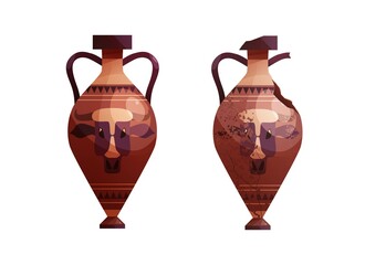 Broken ancient vases. Ceramic archaeological pot. Antique traditional clay jar for wine. Vector cartoon illustration.