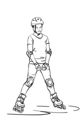 Sketch of teenage girl on rollers skating isolated on white background, Hand drawn vector linear illustration