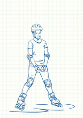 Teenage girl on rollers skating, Blue pen sketch on square grid notebook page, Hand drawn vector linear illustration