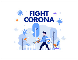 Healthcare medical man and woman protect and fight corona, covid 19 shielding, defending people character flat design gradient style Vector Illustration