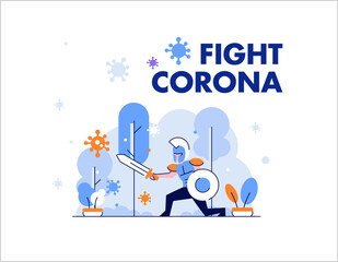 Healthcare medical man and woman protect and fight corona, covid 19 shieldings, defending people character flat design gradient style Vector Illustration