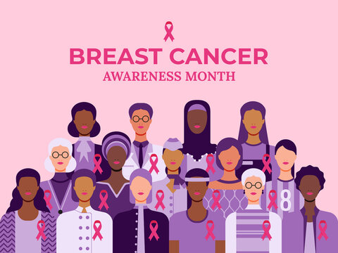 Breast cancer awareness month poster. Pink October vector illustration. Group of women of diverse age, races and occupation wearing pink ribbons for breast cancer.