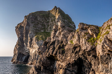 Aerial view of Tormore Island by Port between Ardara and Glencolumbkille in County Donegal - The highest sea stack in Ireland