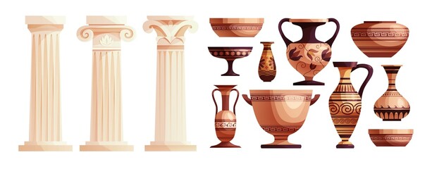 Ancient vases and Greek columns. Ancient Roman pillar. Ceramic archaeological pot. Antique traditional clay jar for wine. Vector cartoon illustration. - obrazy, fototapety, plakaty