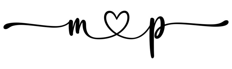 mp, pm, letters with heart Monogram, monogram wedding logo. Love icon, couples Initials, lower case, connecting HEART, home decor,