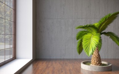 Empty room; black plaster wall with bonsai tree in pot; template design; 3d rendering, 3d illustration 