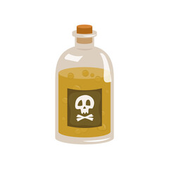 Glass bottle with yellow poison and bubbles. Skull and crossbones label.
