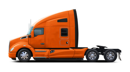 The modern American truck is completely orange. Side view isolated on white background.