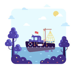 Fishing boat with a net full of fish is sailing to the shore. Commercial fishing, vector cartoon illustration in flat stile.