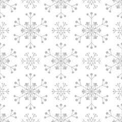 Seamless pattern with silver snowflakes on white background. Festive winter traditional decoration for New Year, Christmas, holidays and design. Ornament of simple line repeat snow flake