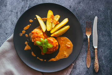 Meatballs with potatoes. Delicious hot dish. Meatballs in tomato sauce on a plate