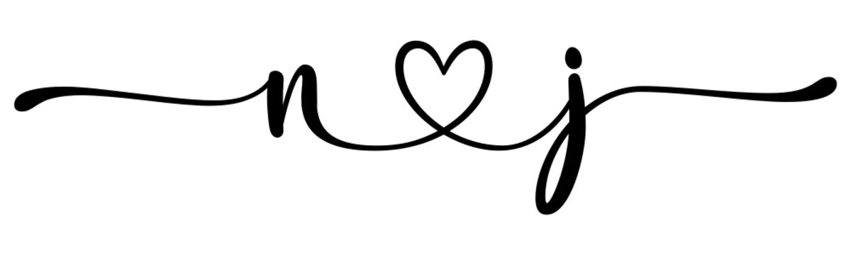 nj, jn, letters with heart Monogram, monogram wedding logo. Love icon, couples Initials, lower case, connecting HEART, home decor,