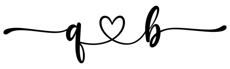 qb, bq, letters with heart Monogram, monogram wedding logo. Love icon, couples Initials, lower case, connecting HEART, home decor,
