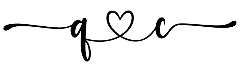 qc, cq, letters with heart Monogram, monogram wedding logo. Love icon, couples Initials, lower case, connecting HEART, home decor,