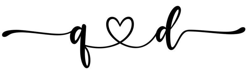 qd, dq, letters with heart Monogram, monogram wedding logo. Love icon, couples Initials, lower case, connecting HEART, home decor,