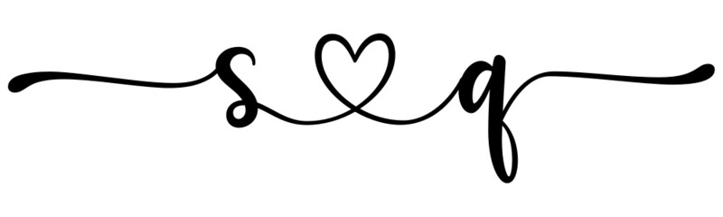 sq, qs, letters with heart Monogram, monogram wedding logo. Love icon, couples Initials, lower case, connecting HEART, home decor,