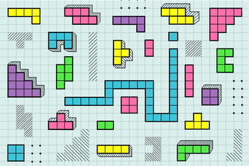 90's bricks game pattern colorful wallpaper background. Blocks pattern wallpaper.