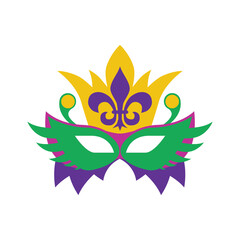 Carnival mask with a crown and a royal lily. Masquerade mask in the style and colors of the Mardi Gras carnival. Vector illustration isolated on a white background for design and web. - obrazy, fototapety, plakaty