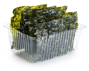 Crispy nori seaweed korean snack in a plastic container isolated on white background. With clipping path. - obrazy, fototapety, plakaty